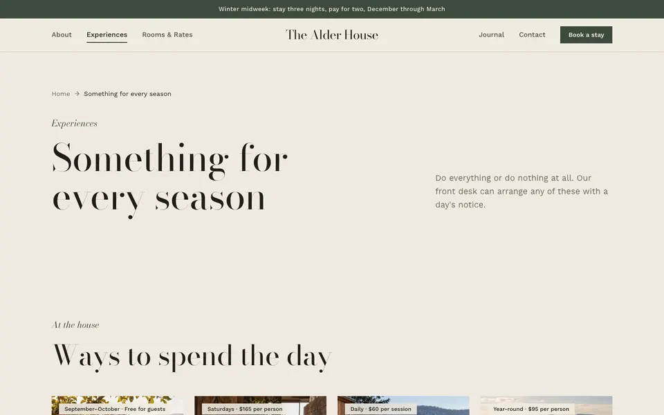 The Alder House Experiences page