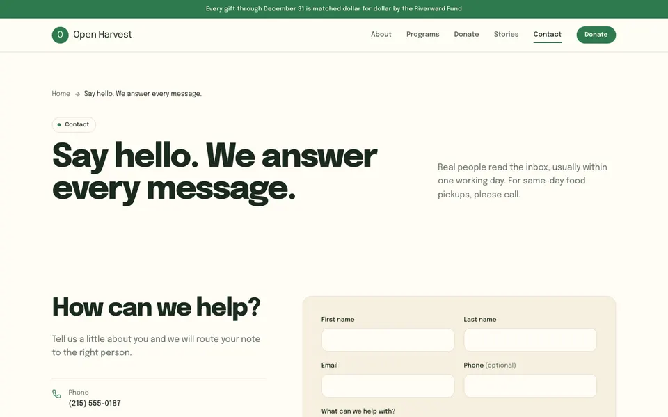 Open Harvest Contact page