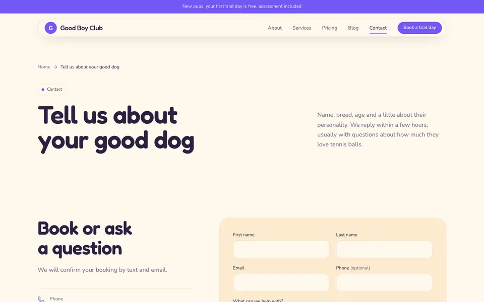 Good Boy Club Contact page