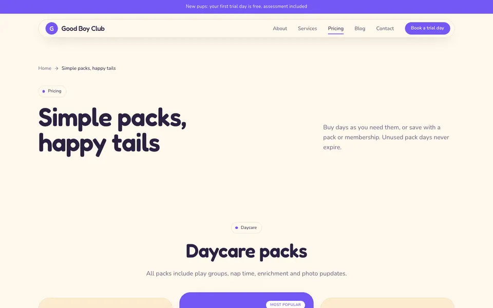 Good Boy Club Pricing page