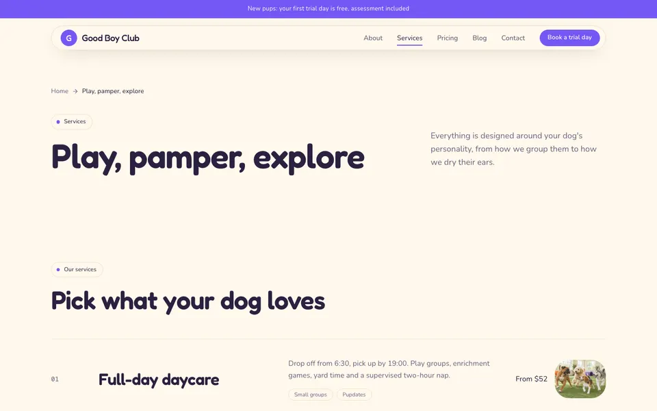 Good Boy Club Services page