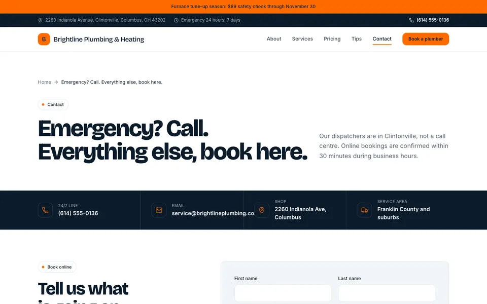 Brightline Plumbing & Heating Contact page