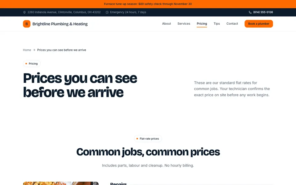 Brightline Plumbing & Heating Pricing page