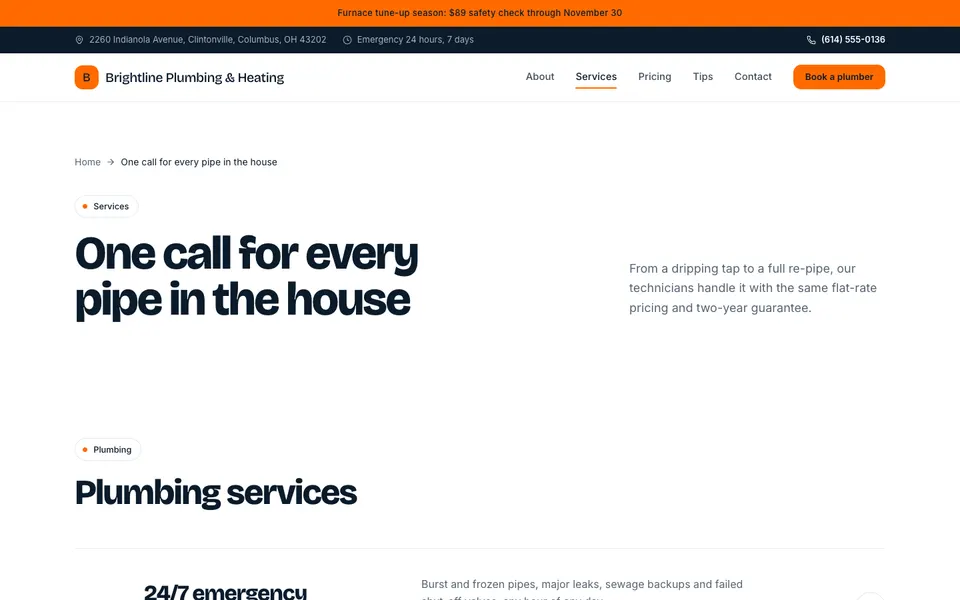 Brightline Plumbing & Heating Services page