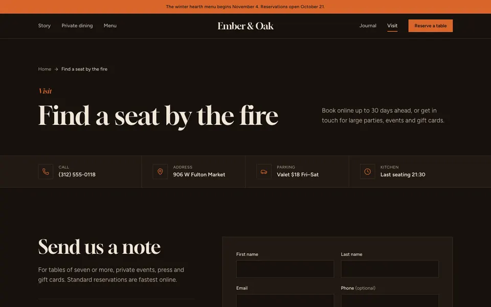 Ember & Oak Visit page