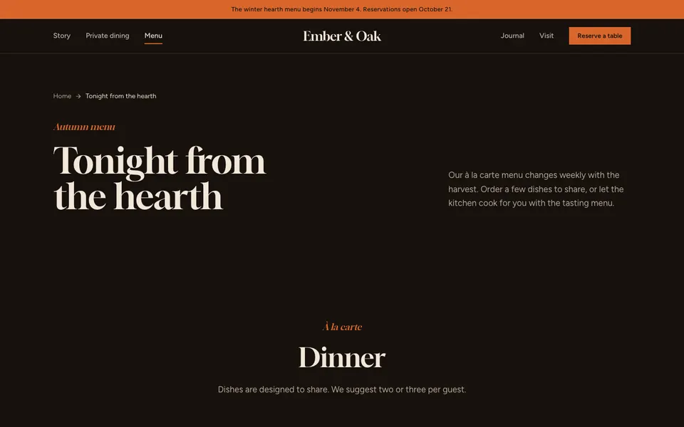 Ember & Oak Menu page