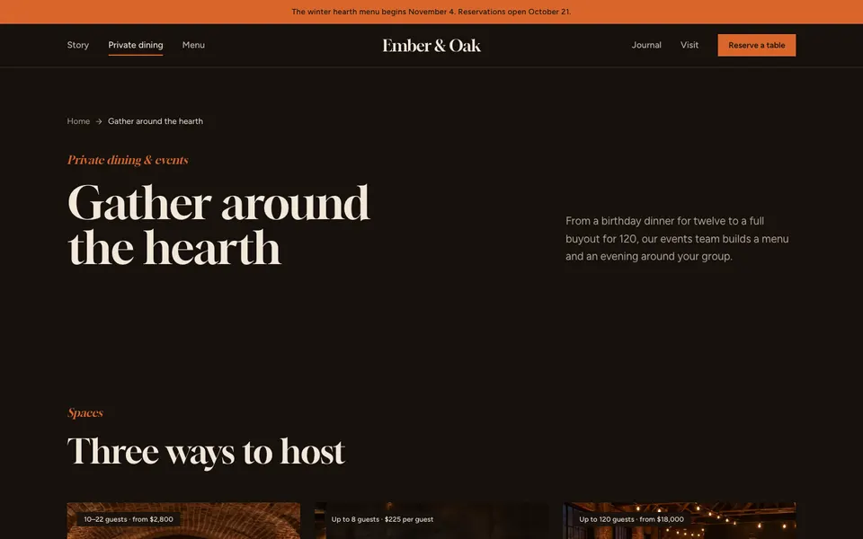 Ember & Oak Private dining page