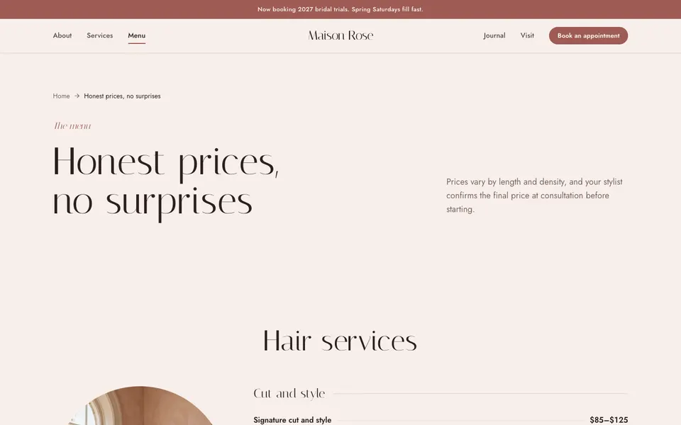 Maison Rose Menu page