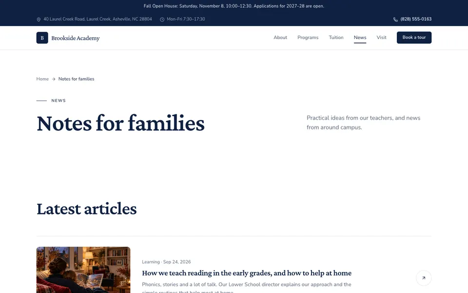 Brookside Academy News page