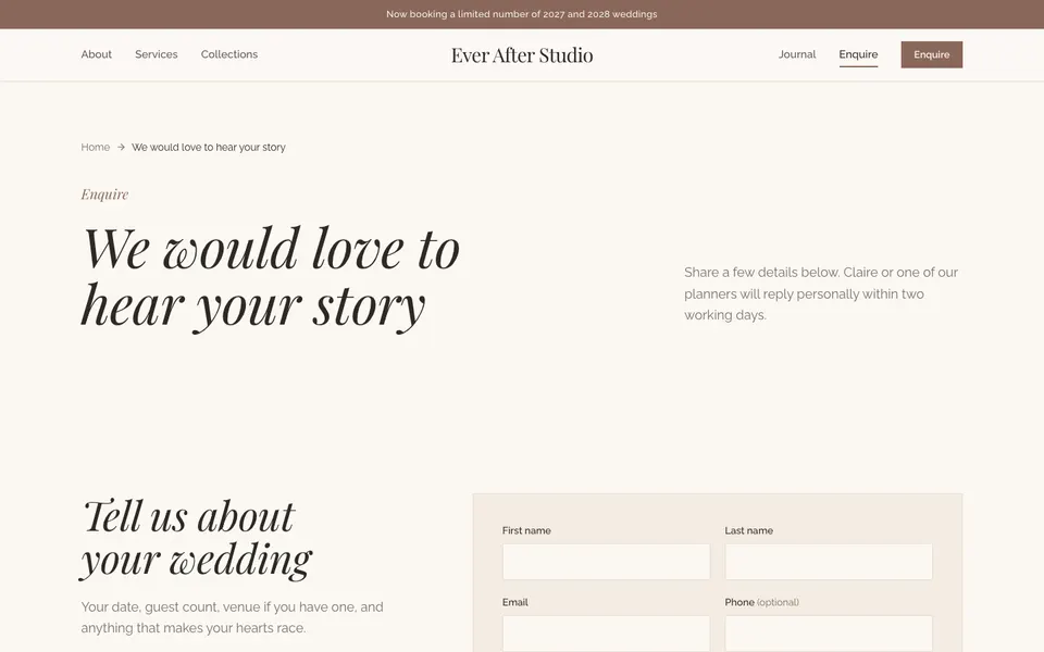 Ever After Studio Enquire page